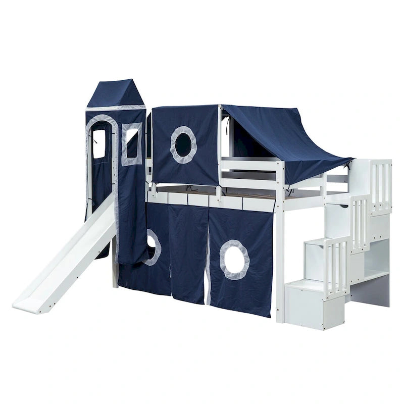 Lit mezzanine "Château" avec escalier de rangement et toboggan