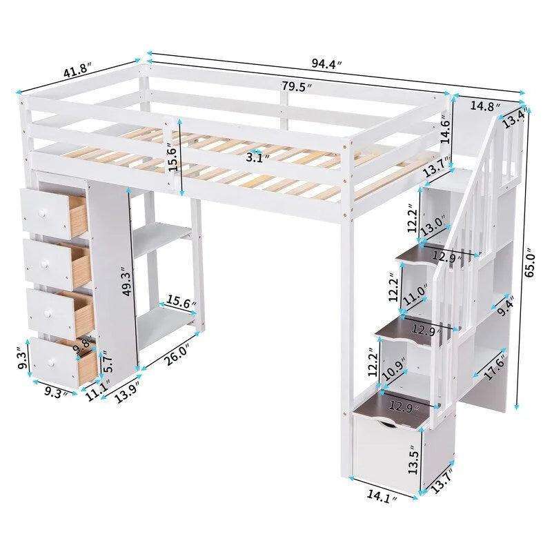 Lit mezzanine de taille double avec tiroirs de rangement, escaliers et étagères
