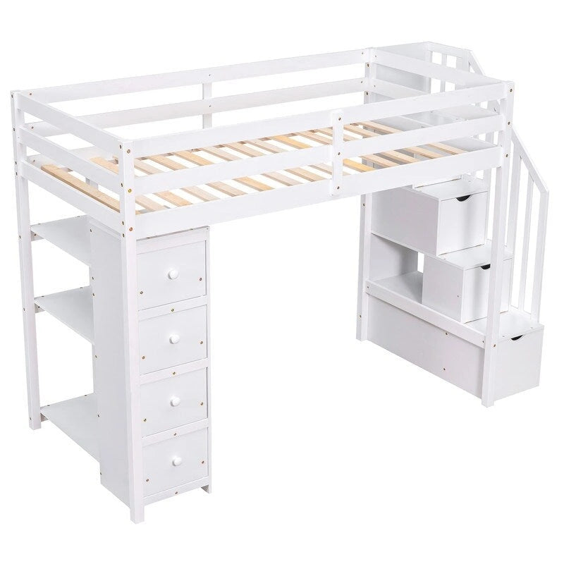 Lit mezzanine de taille double avec tiroirs de rangement, escaliers et étagères