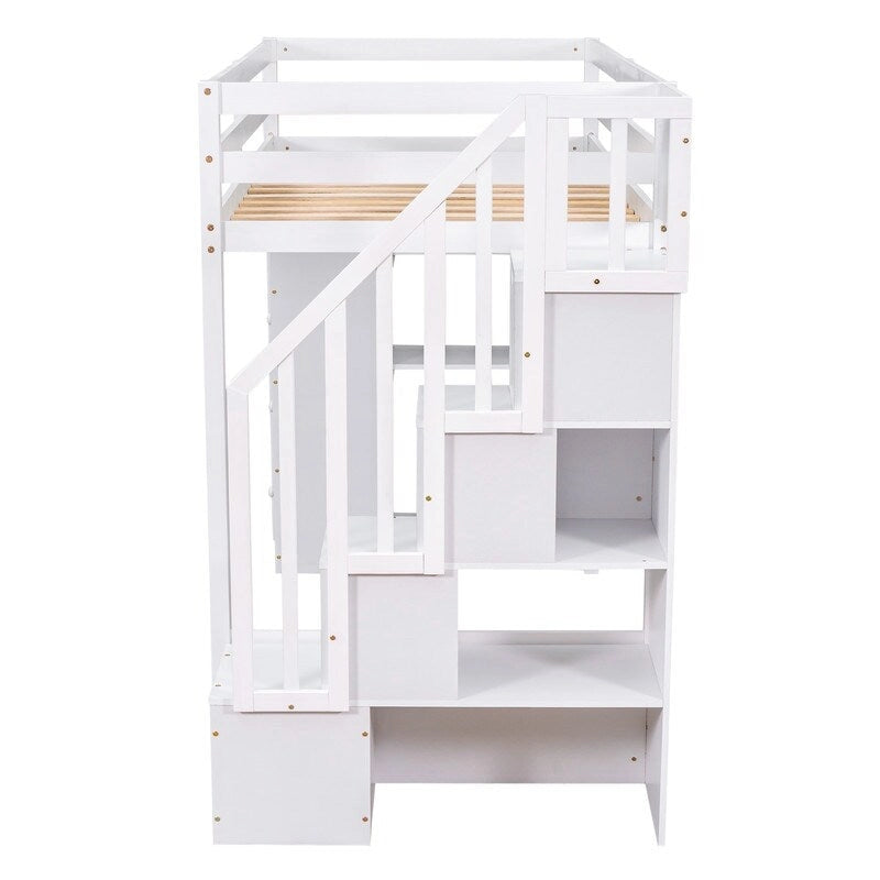 Lit mezzanine de taille double avec tiroirs de rangement, escaliers et étagères
