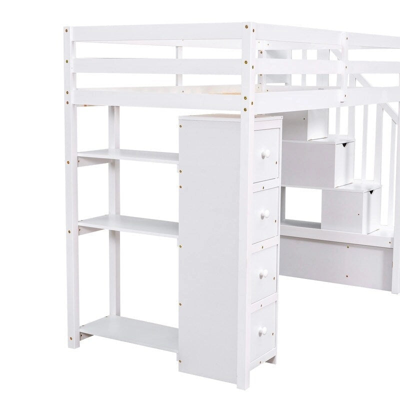 Lit mezzanine de taille double avec tiroirs de rangement, escaliers et étagères