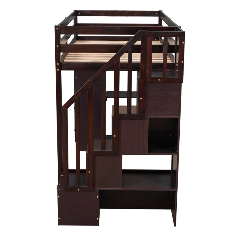 Lit mezzanine de taille double avec tiroirs de rangement, escaliers et étagères