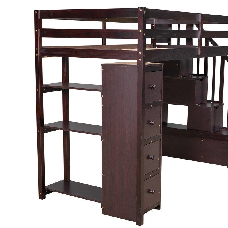 Lit mezzanine de taille double avec tiroirs de rangement, escaliers et étagères
