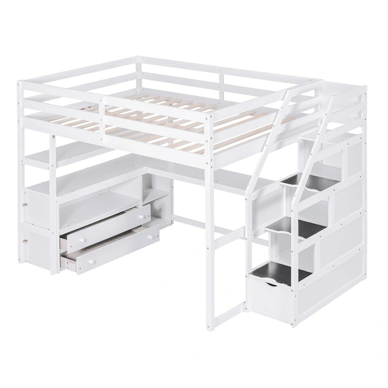 Lit mezzanine blanc avec bureau et étagères, deux tiroirs intégrés, escalier de rangement