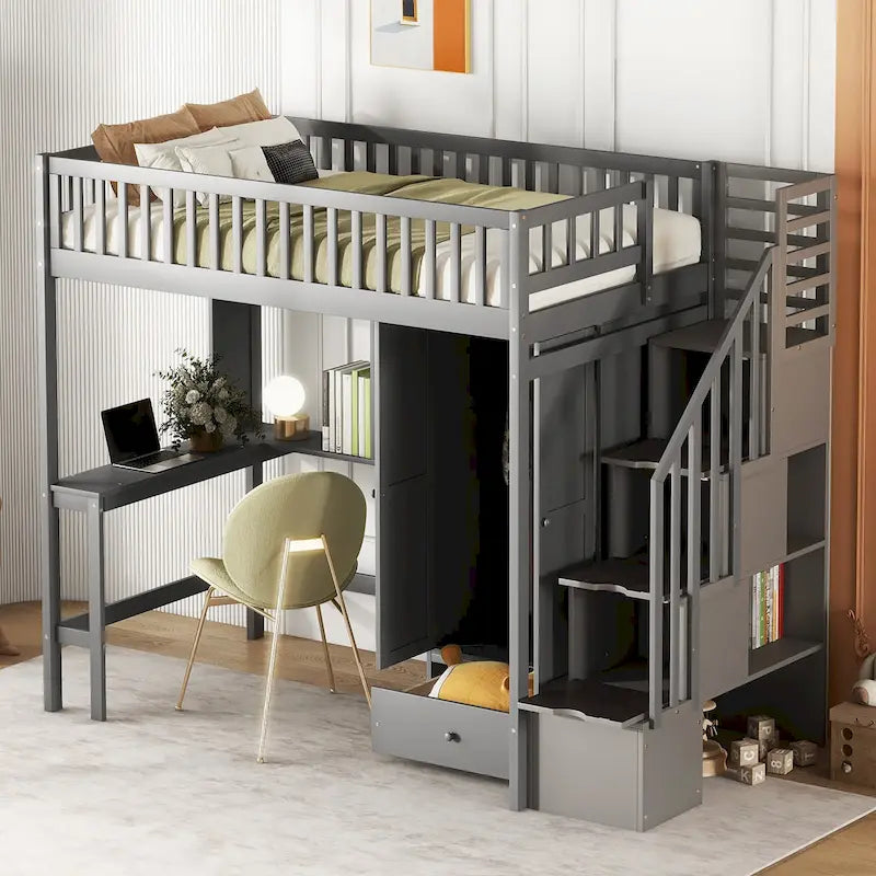 Lit mezzanine en bois massif de taille double avec étagère, tiroirs, bureau intégré, armoire et escalier de rangement