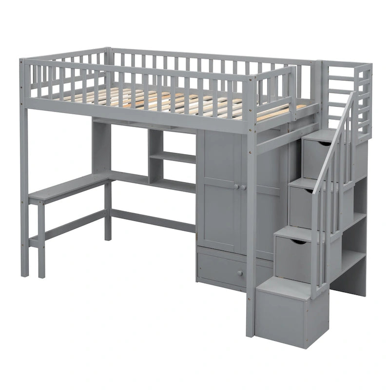 Twin Size Solid Wood Loft Bed with Bookshelf, Drawers, Built-in Desk, Wardrobe and Storage Stairs