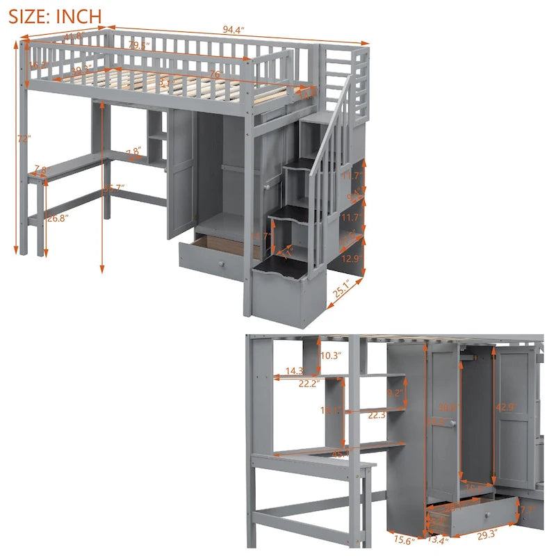 Lit mezzanine en bois massif de taille double avec étagère, tiroirs, bureau intégré, armoire et escalier de rangement