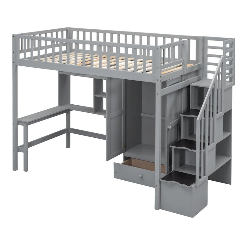Lit mezzanine en bois massif de taille double avec étagère, tiroirs, bureau intégré, armoire et escalier de rangement