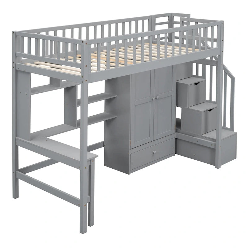Lit mezzanine en bois massif de taille double avec étagère, tiroirs, bureau intégré, armoire et escalier de rangement