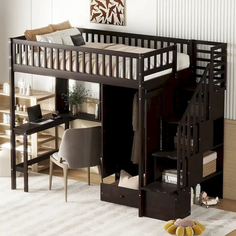 Lit mezzanine en bois massif de taille double avec étagère, tiroirs, bureau intégré, armoire et escalier de rangement