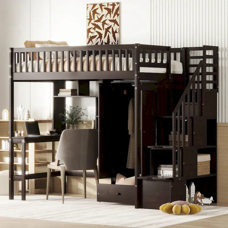 Lit mezzanine en bois massif de taille double avec étagère, tiroirs, bureau intégré, armoire et escalier de rangement