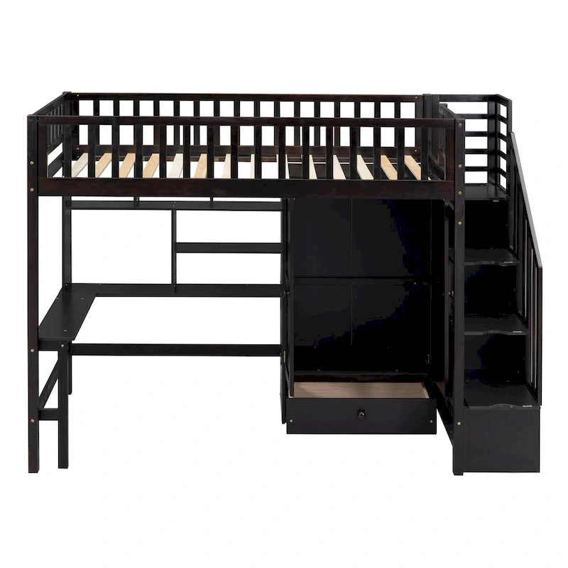Lit mezzanine en bois massif de taille double avec étagère, tiroirs, bureau intégré, armoire et escalier de rangement