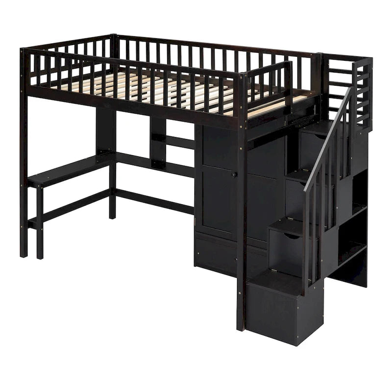 Lit mezzanine en bois massif de taille double avec étagère, tiroirs, bureau intégré, armoire et escalier de rangement