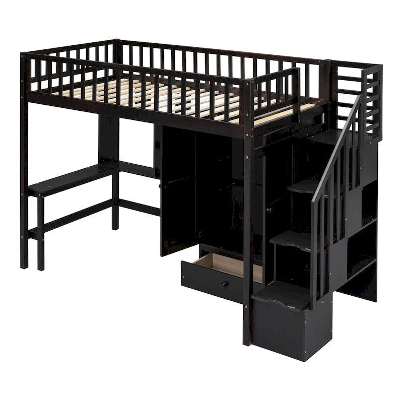 Lit mezzanine en bois massif de taille double avec étagère, tiroirs, bureau intégré, armoire et escalier de rangement