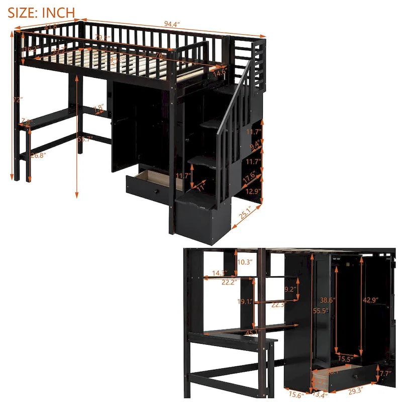 Lit mezzanine en bois massif de taille double avec étagère, tiroirs, bureau intégré, armoire et escalier de rangement