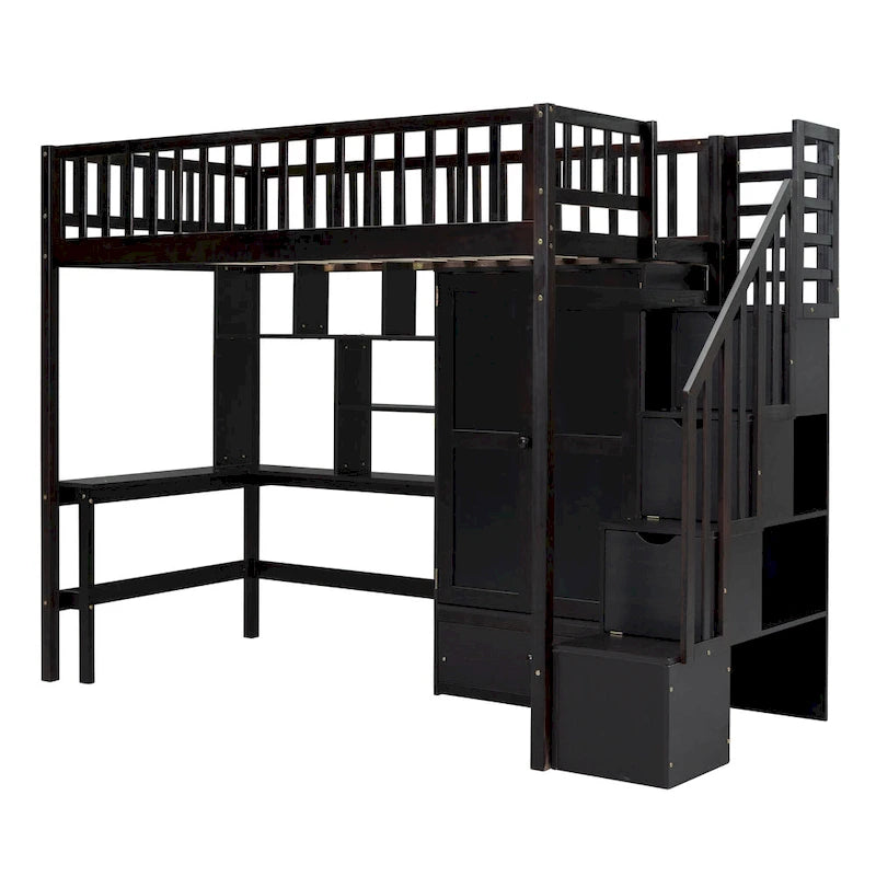 Lit mezzanine en bois massif de taille double avec étagère, tiroirs, bureau intégré, armoire et escalier de rangement