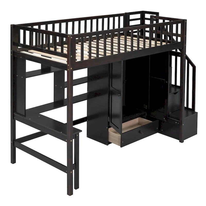 Lit mezzanine en bois massif de taille double avec étagère, tiroirs, bureau intégré, armoire et escalier de rangement