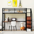 Lit mezzanine double en métal avec bureau, grille métallique, échelle de rangement et armoire