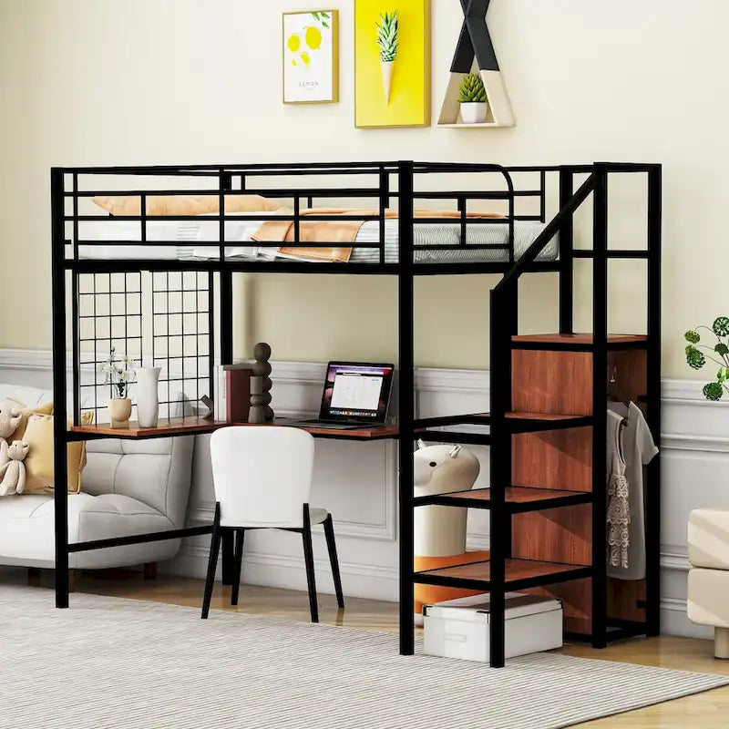 Twin Size Metal Loft Bed with Desk and Metal Grid, Stylish Metal Frame Bed with Lateral Storage Ladder and Wardrobe