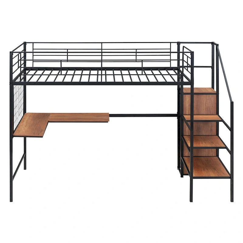 Lit mezzanine double en métal avec bureau, grille métallique, échelle de rangement et armoire