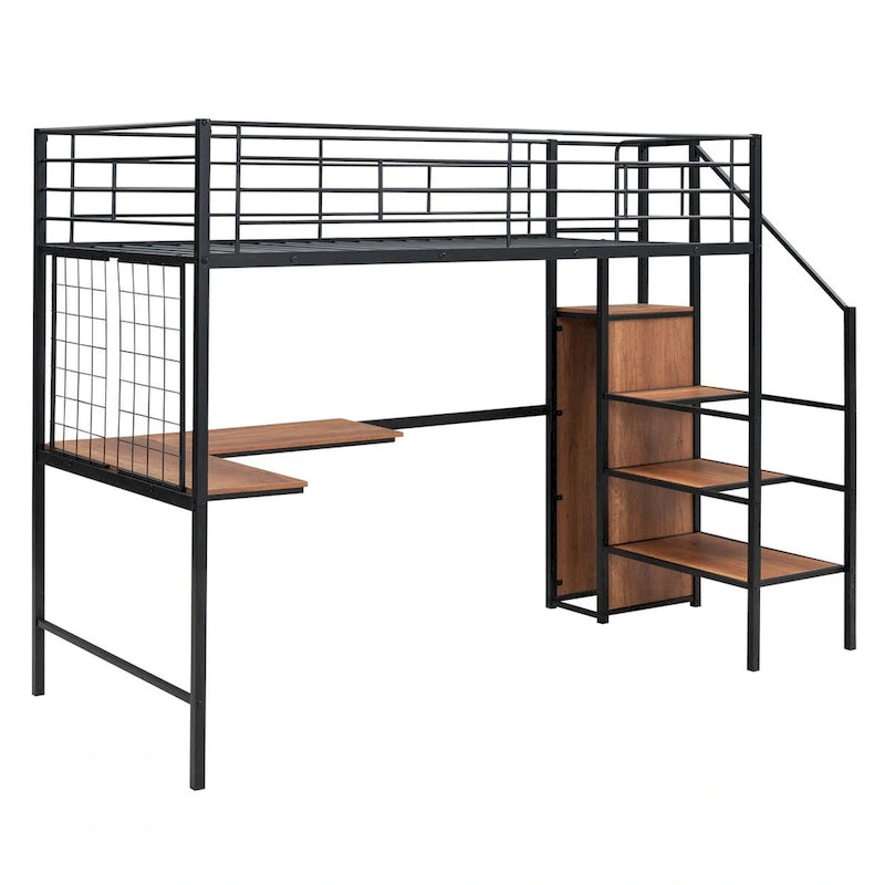Lit mezzanine double en métal avec bureau, grille métallique, échelle de rangement et armoire
