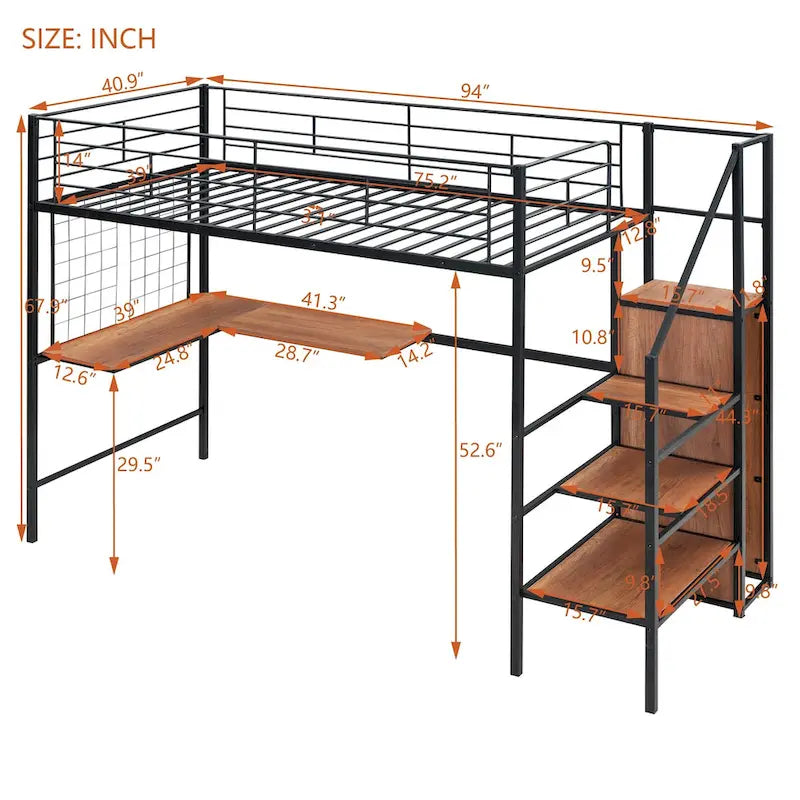 Lit mezzanine double en métal avec bureau, grille métallique, échelle de rangement et armoire