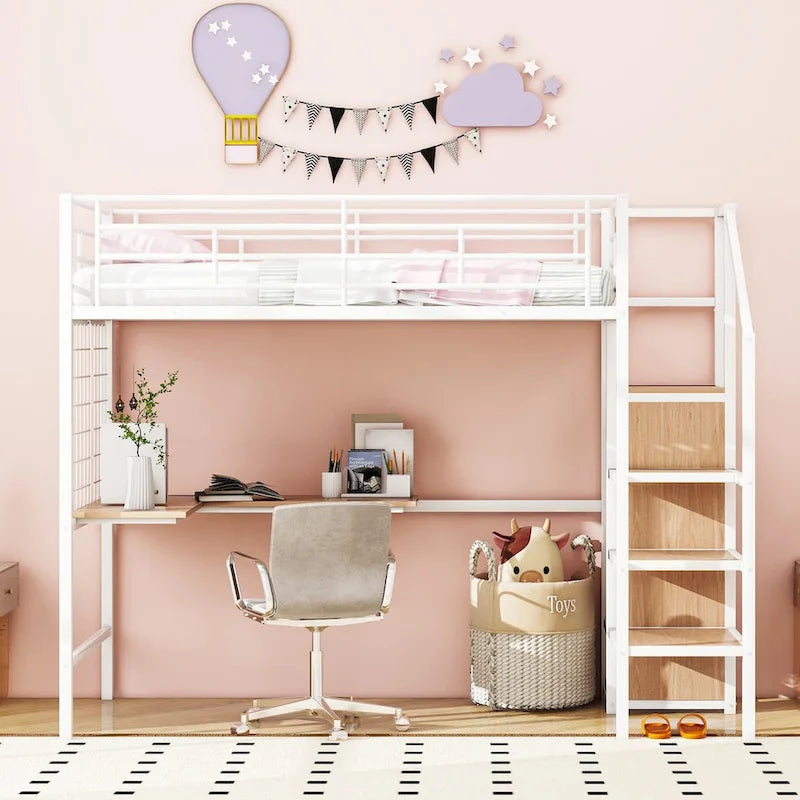 Lit mezzanine double en métal avec bureau, grille métallique, échelle de rangement et armoire