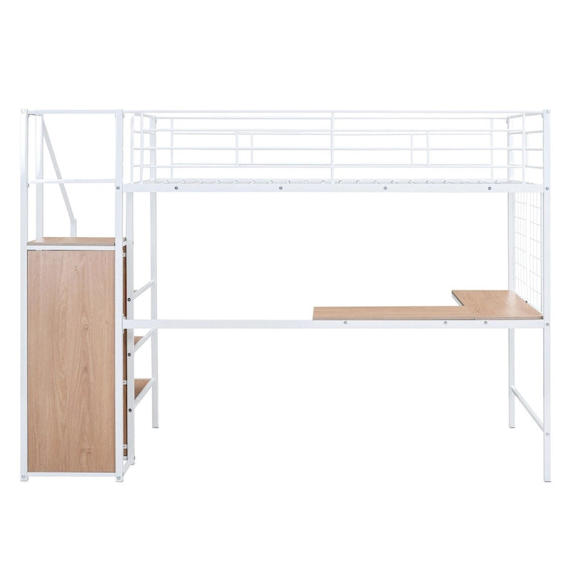 Lit mezzanine double en métal avec bureau, grille métallique, échelle de rangement et armoire
