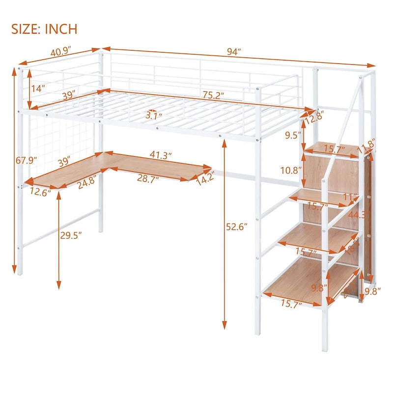 Lit mezzanine double en métal avec bureau, grille métallique, échelle de rangement et armoire