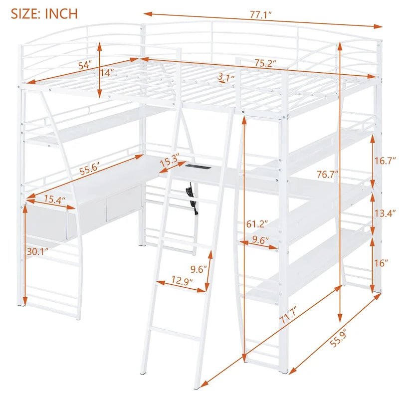 Twin Size Loft Bed with 4 Layers of Shelves and L-shaped Desk, with a set of Sockets, USB Ports and and Wireless Charging