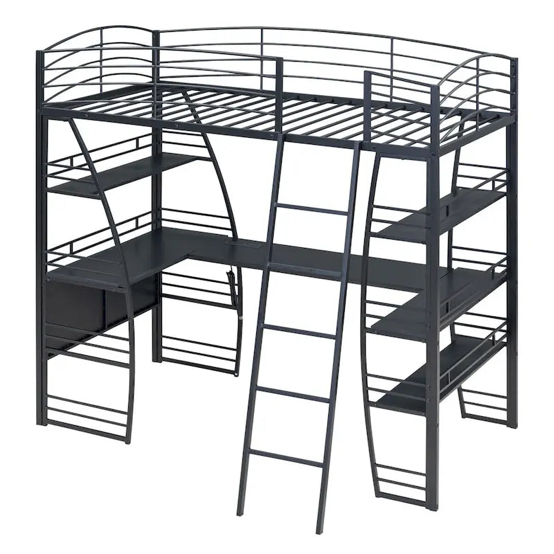 Lit mezzanine simple avec 4 étagères et un bureau en L, avec un ensemble de prises, des ports USB et un chargeur sans fil.