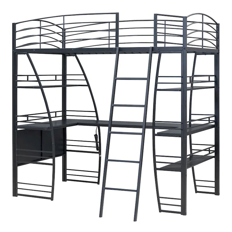 Lit mezzanine simple avec 4 étagères et un bureau en L, avec un ensemble de prises, des ports USB et un chargeur sans fil.
