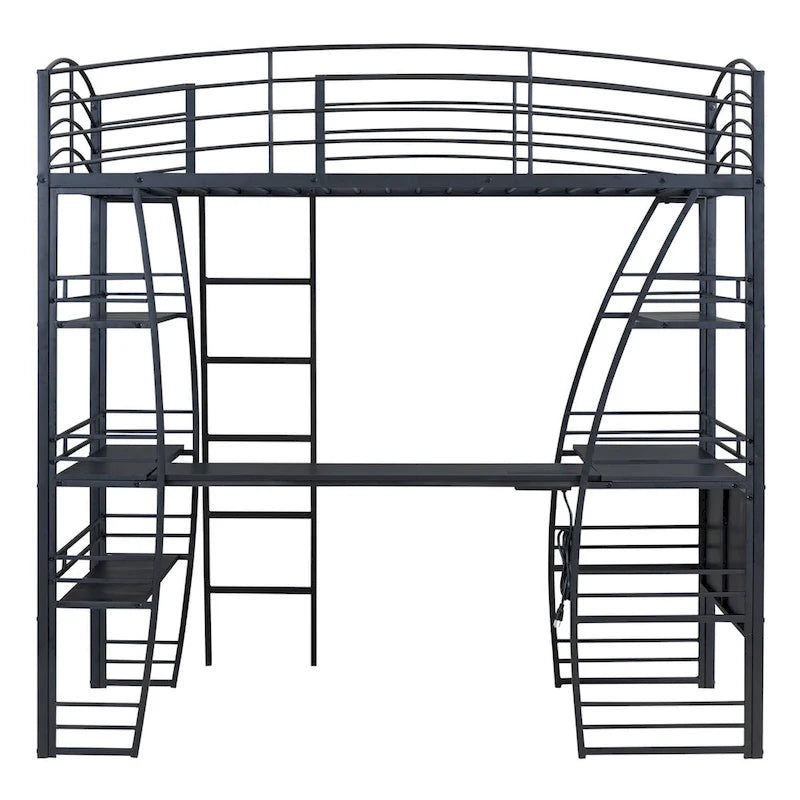 Lit mezzanine simple avec 4 étagères et un bureau en L, avec un ensemble de prises, des ports USB et un chargeur sans fil.