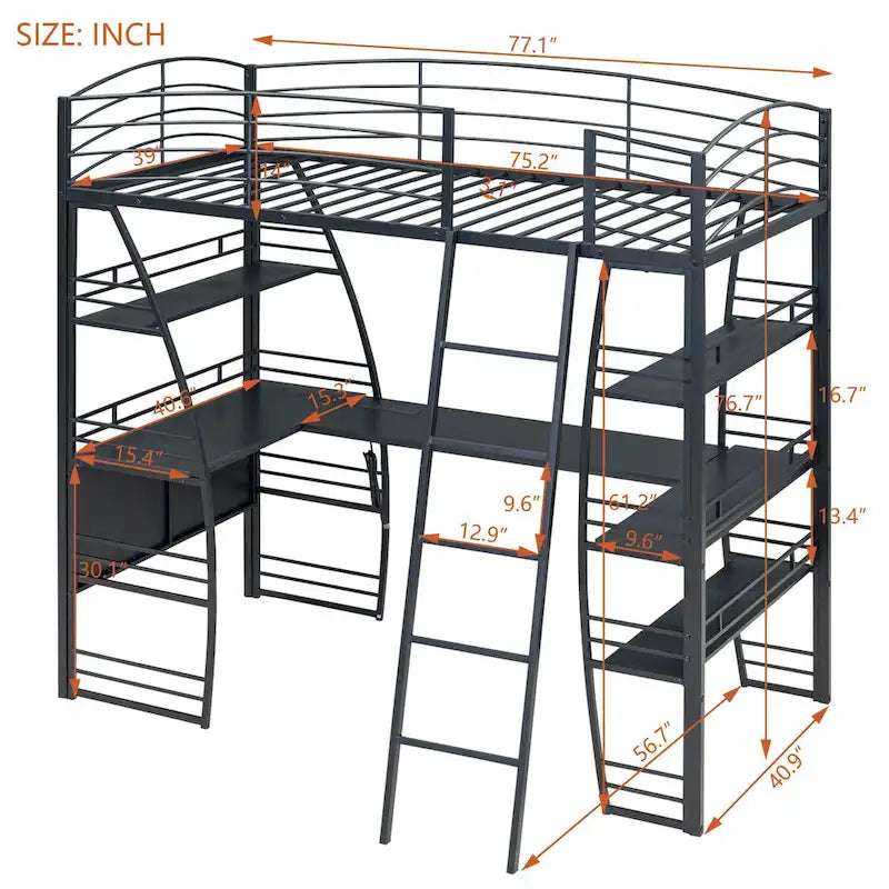 Lit mezzanine simple avec 4 étagères et un bureau en L, avec un ensemble de prises, des ports USB et un chargeur sans fil.