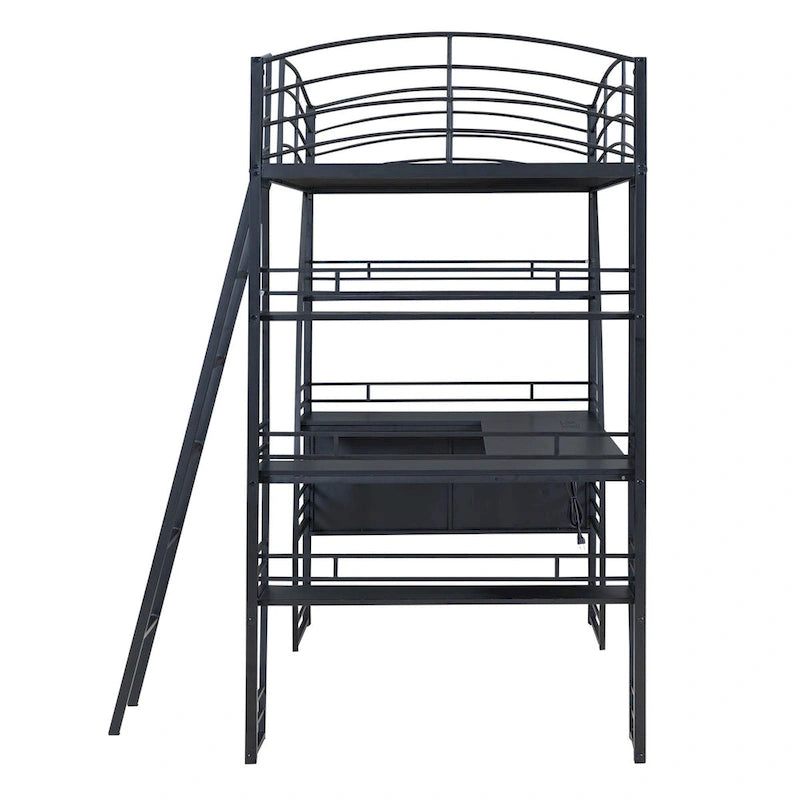 Lit mezzanine simple avec 4 étagères et un bureau en L, avec un ensemble de prises, des ports USB et un chargeur sans fil.