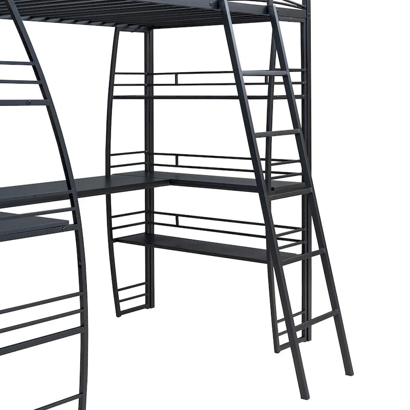 Lit mezzanine simple avec 4 étagères et un bureau en L, avec un ensemble de prises, des ports USB et un chargeur sans fil.