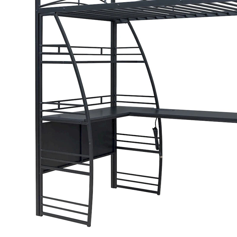 Lit mezzanine simple avec 4 étagères et un bureau en L, avec un ensemble de prises, des ports USB et un chargeur sans fil.