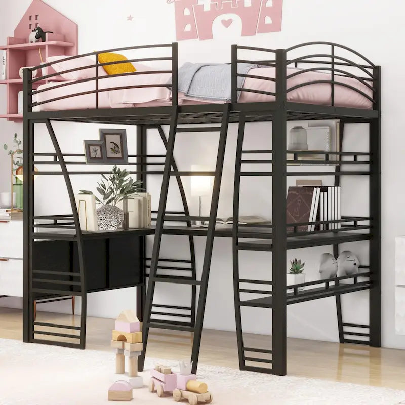 Lit mezzanine simple avec 4 étagères et un bureau en L, avec un ensemble de prises, des ports USB et un chargeur sans fil.