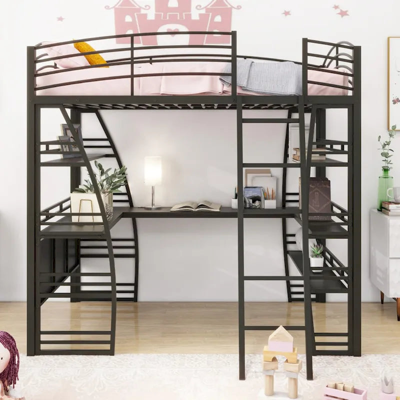 Lit mezzanine simple avec 4 étagères et un bureau en L, avec un ensemble de prises, des ports USB et un chargeur sans fil.