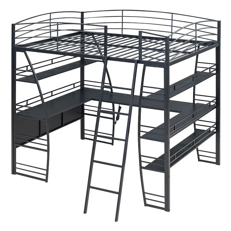Lit mezzanine simple avec 4 étagères et un bureau en L, avec un ensemble de prises, des ports USB et un chargeur sans fil.