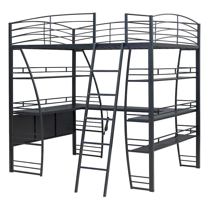Lit mezzanine simple avec 4 étagères et un bureau en L, avec un ensemble de prises, des ports USB et un chargeur sans fil.