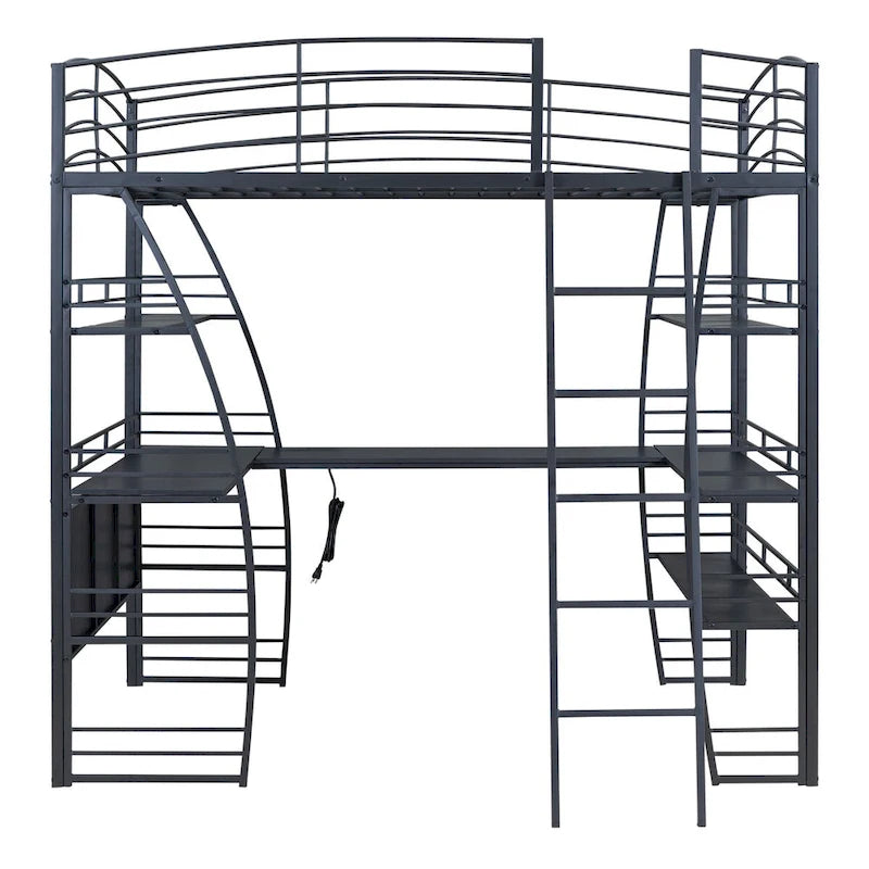Lit mezzanine simple avec 4 étagères et un bureau en L, avec un ensemble de prises, des ports USB et un chargeur sans fil.