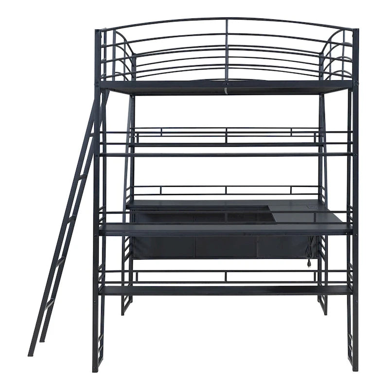 Lit mezzanine simple avec 4 étagères et un bureau en L, avec un ensemble de prises, des ports USB et un chargeur sans fil.