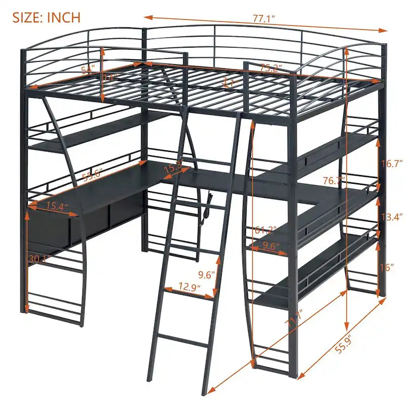 Lit mezzanine simple avec 4 étagères et un bureau en L, avec un ensemble de prises, des ports USB et un chargeur sans fil.