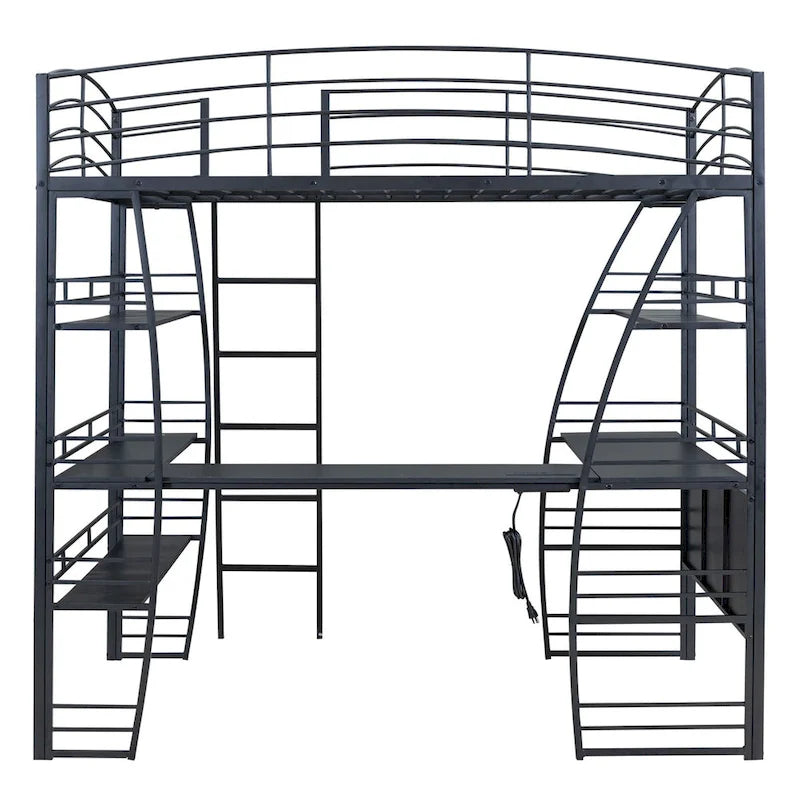 Lit mezzanine simple avec 4 étagères et un bureau en L, avec un ensemble de prises, des ports USB et un chargeur sans fil.