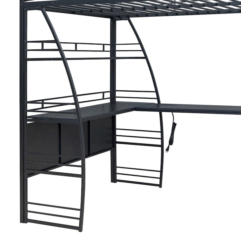 Lit mezzanine simple avec 4 étagères et un bureau en L, avec un ensemble de prises, des ports USB et un chargeur sans fil.