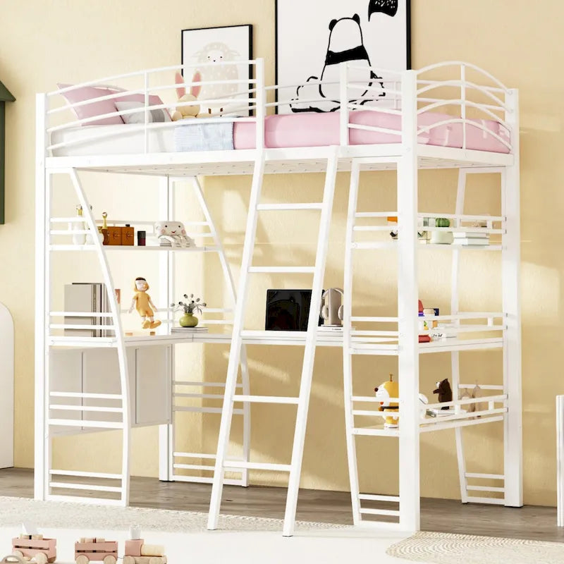 Lit mezzanine simple avec 4 étagères et un bureau en L, avec un ensemble de prises, des ports USB et un chargeur sans fil.