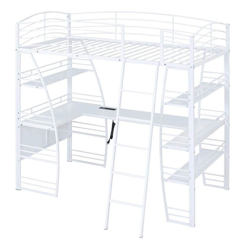 Lit mezzanine simple avec 4 étagères et un bureau en L, avec un ensemble de prises, des ports USB et un chargeur sans fil.