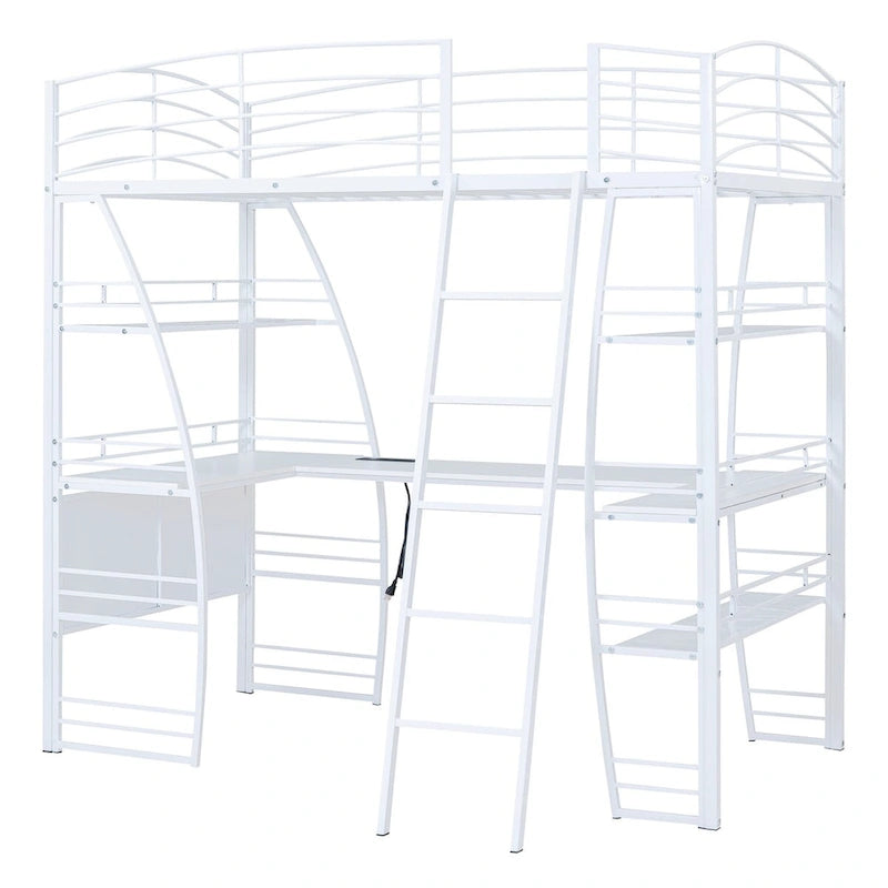 Lit mezzanine simple avec 4 étagères et un bureau en L, avec un ensemble de prises, des ports USB et un chargeur sans fil.