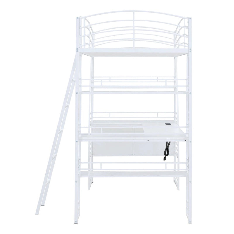 Lit mezzanine simple avec 4 étagères et un bureau en L, avec un ensemble de prises, des ports USB et un chargeur sans fil.